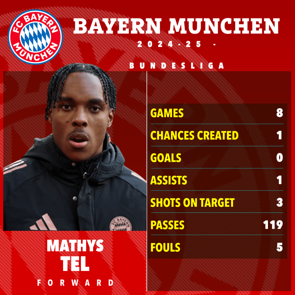 Mathys Tel's Bayern Munich 2024-25 Bundesliga stats: games 8, chances created 1, goals 0, assists 1, shots on target 3, passes 119, fouls 5.