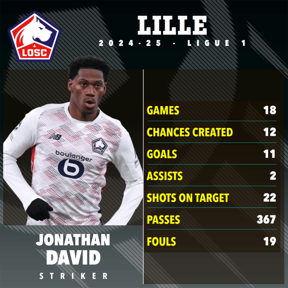 Jonathan David's Lille 2024-25 Ligue 1 stats.