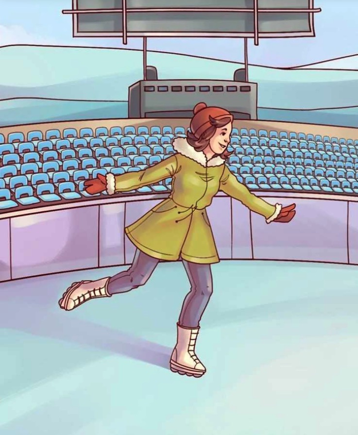 Illustration of a woman ice skating in an arena.