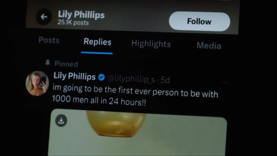 Screenshot of a Twitter profile showing Lily Phillips's announcement that she will sleep with 1000 men in 24 hours.