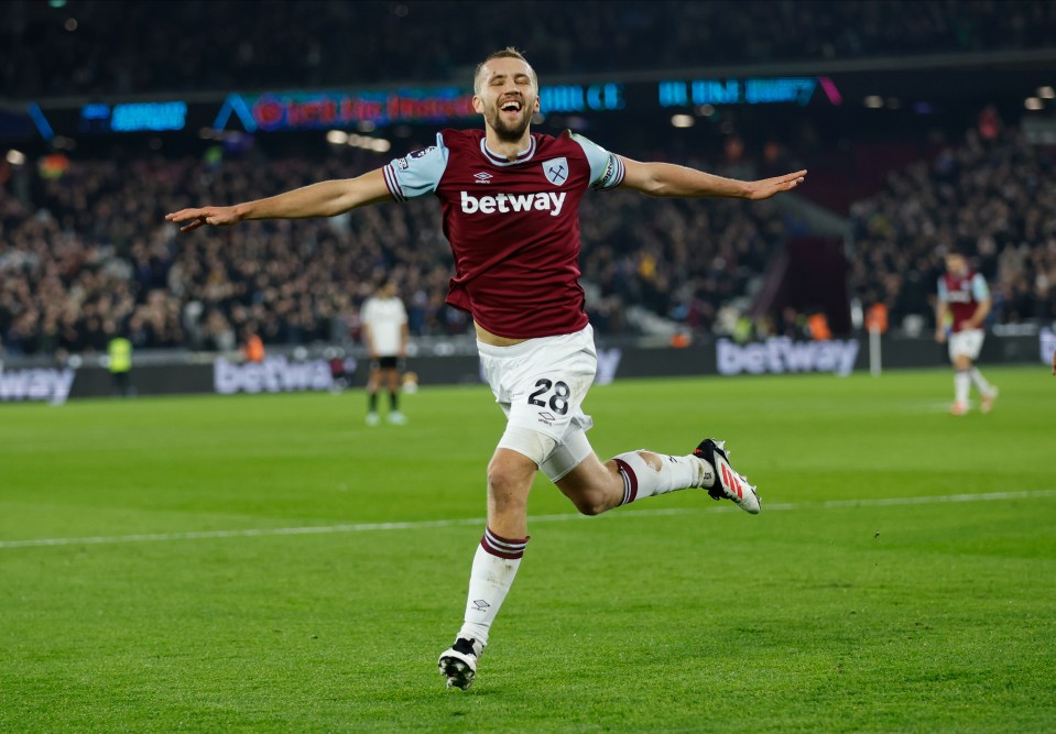 Tomas Soucek of West Ham United celebrating a goal.