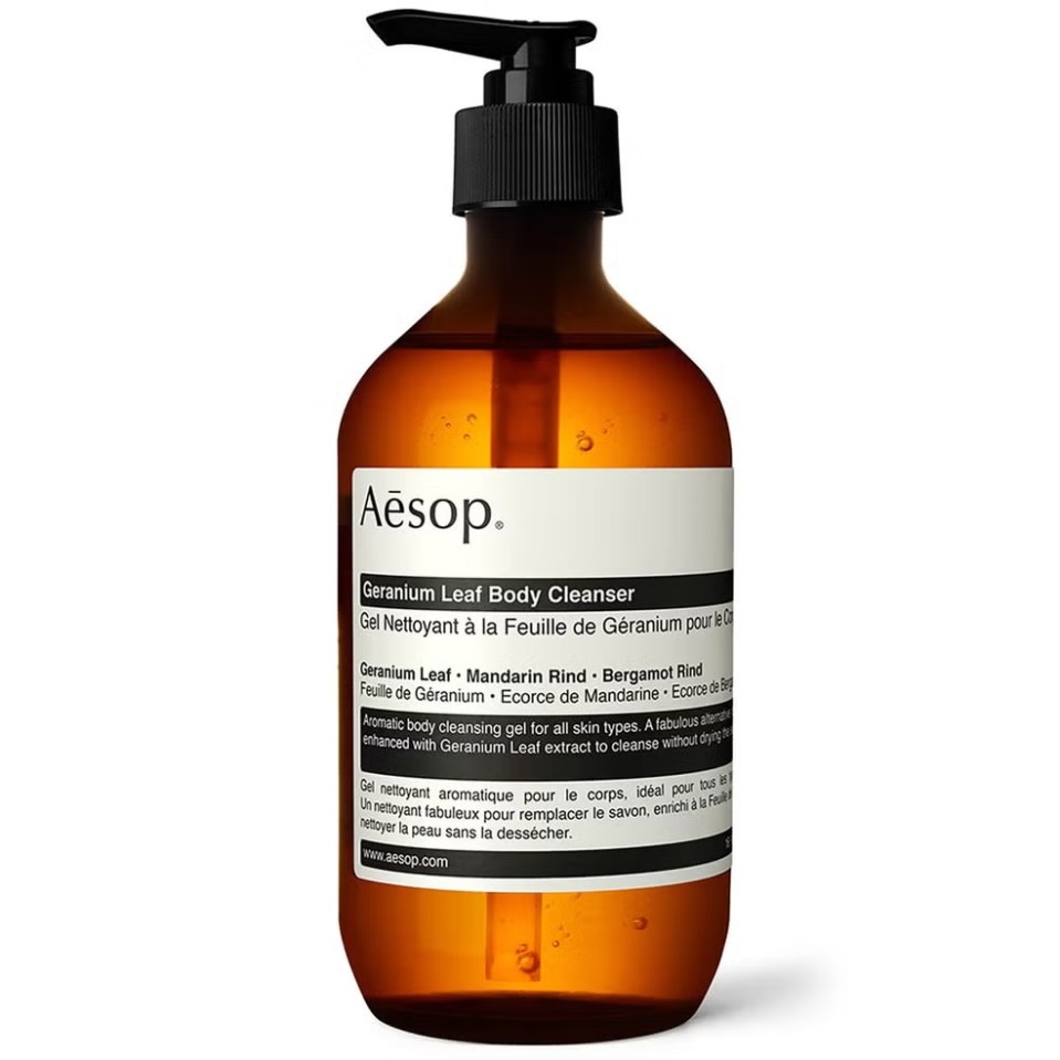 Aesop Geranium Leaf Body Cleanser bottle.