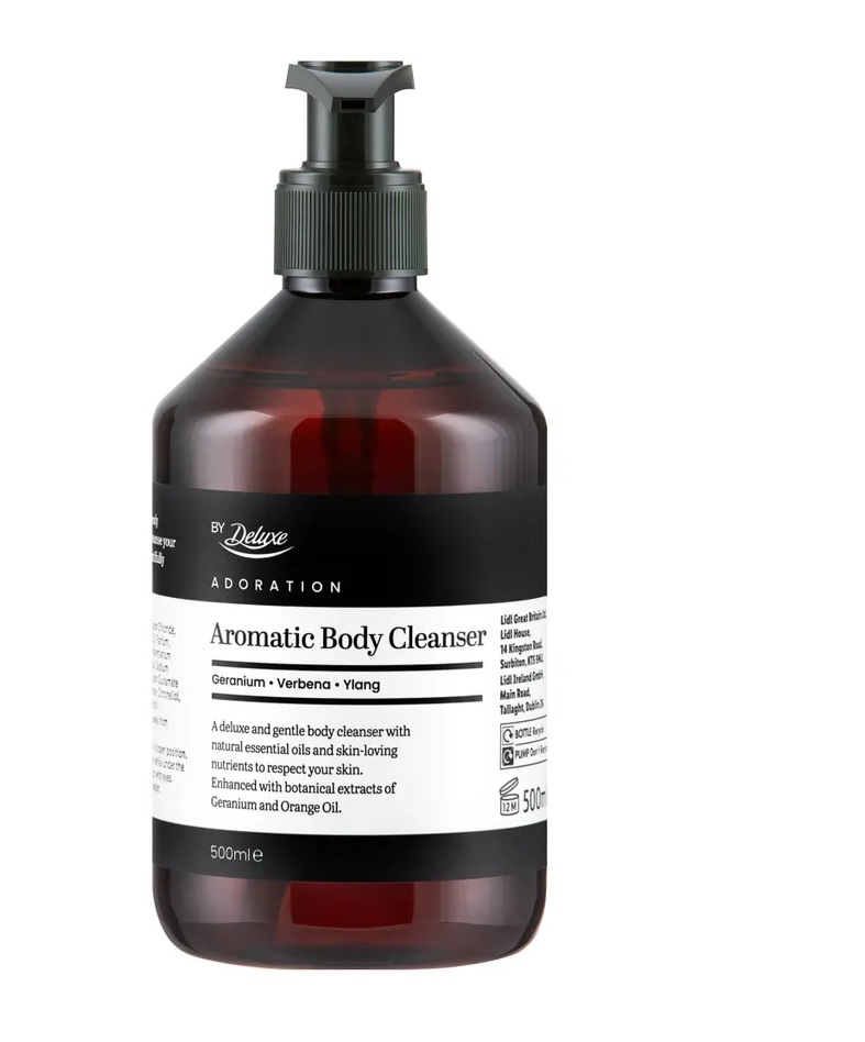 Amber bottle of Deluxe Adoration Aromatic Body Cleanser.