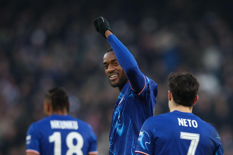 Tosin Adarabioyo of Chelsea celebrates scoring a goal.