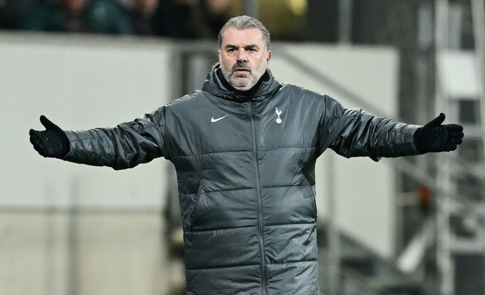 Ange Postecoglou, Tottenham Hotspur manager, coaching during a match.