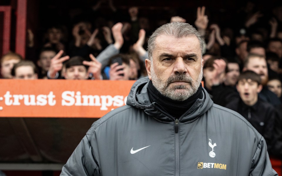 Ange Postecoglou, manager of Tottenham Hotspur, looks on from the sidelines.