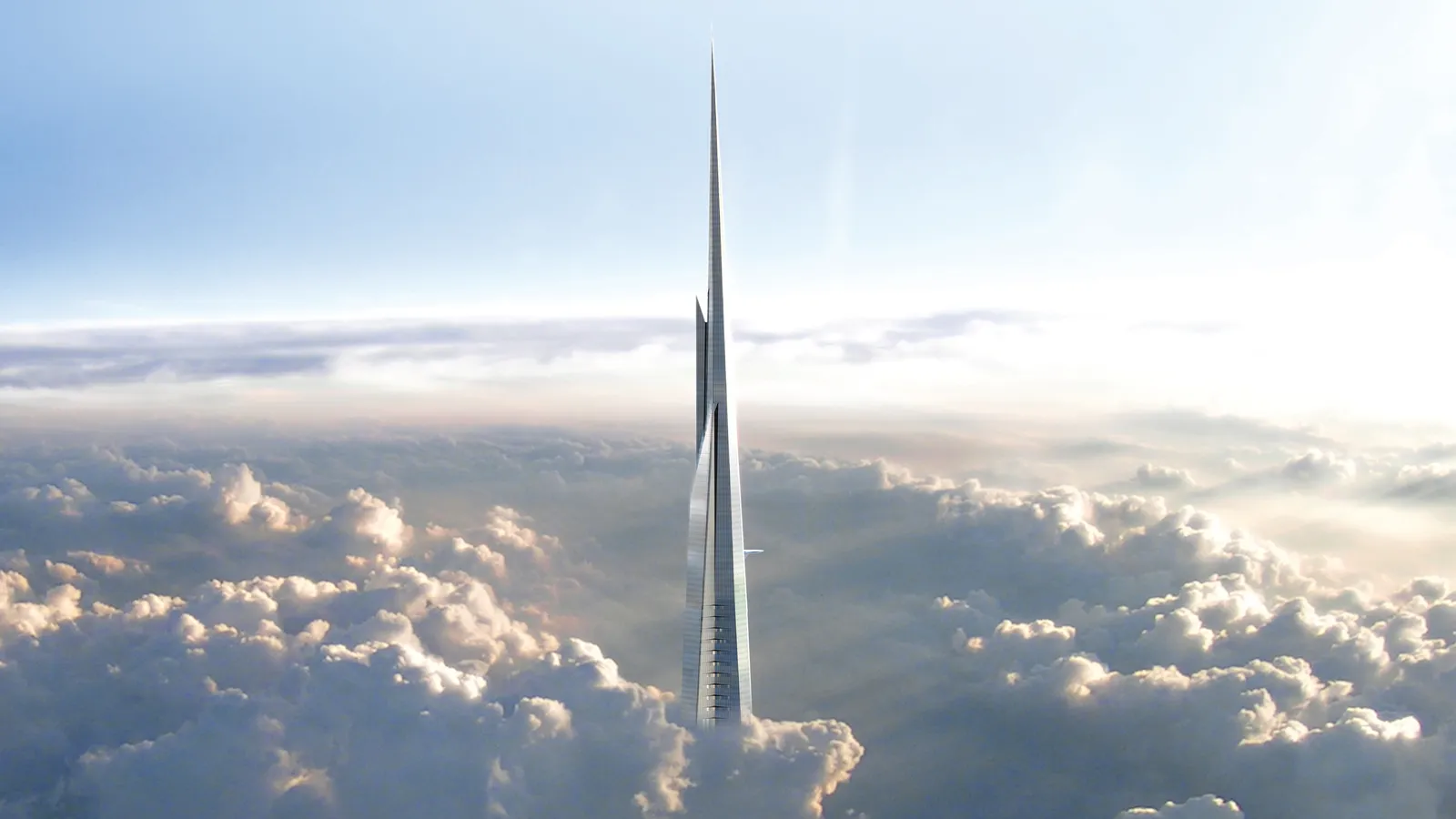 Illustration of the Jeddah Tower rising above the clouds.