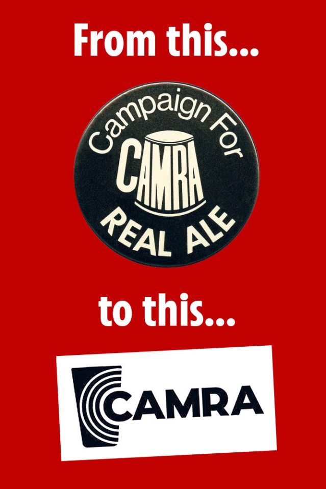 Illustration showing the evolution of the CAMRA logo from a button to a modern design.