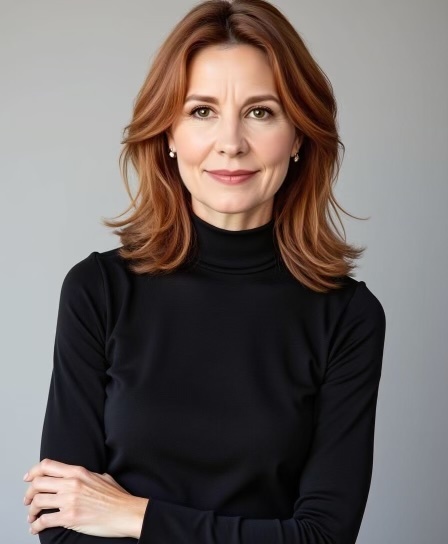 Portrait of a woman with shoulder-length auburn hair wearing a black turtleneck.