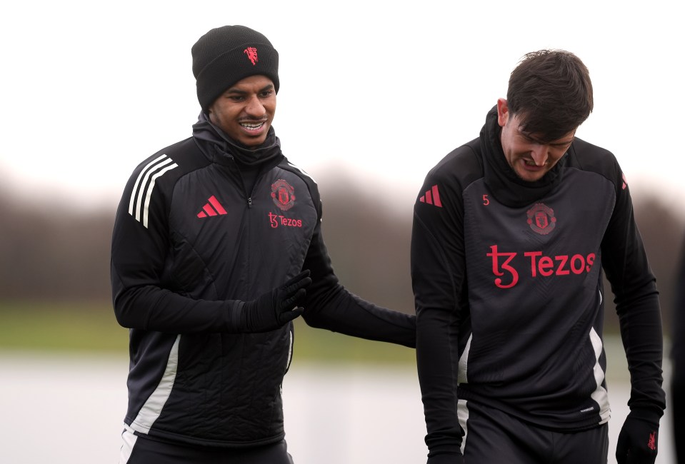 Marcus Rashford and Harry Maguire at a Manchester United training session.