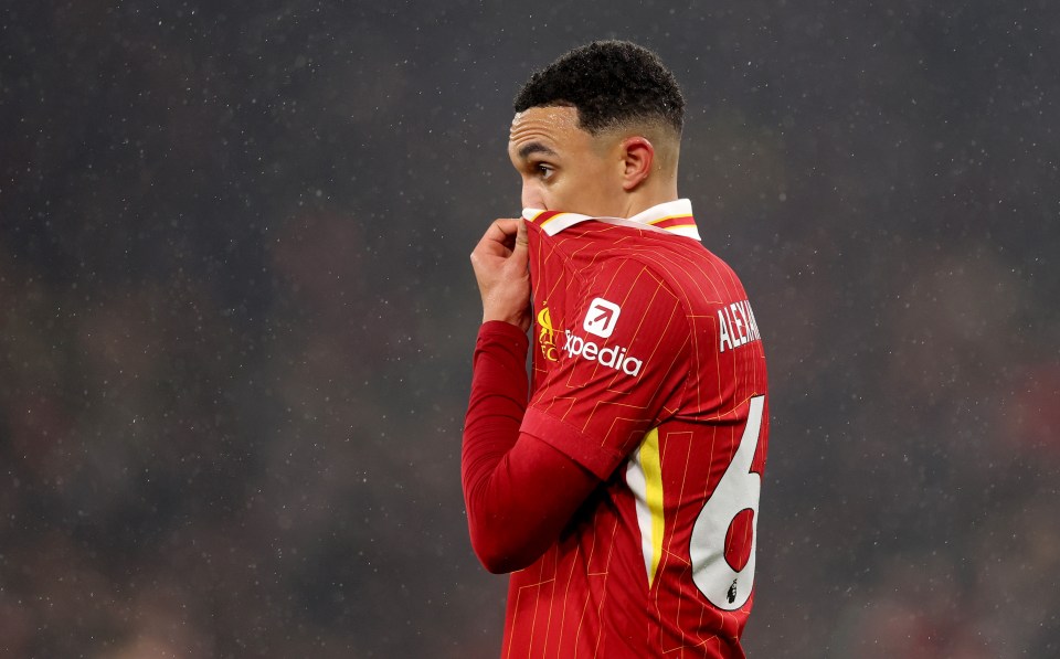 Trent Alexander-Arnold of Liverpool reacts during a Premier League match.