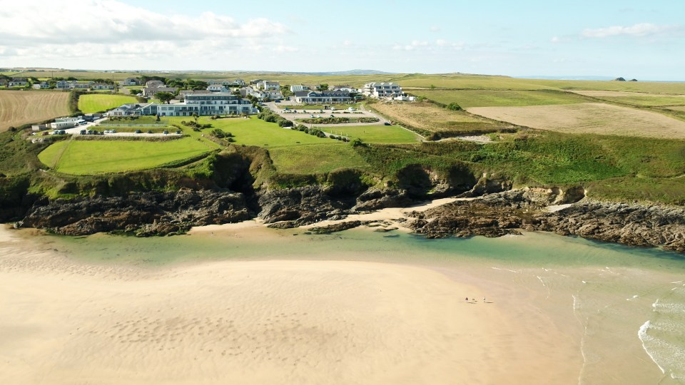 Aerial view of Trevornick Holiday Park on Holywell Bay beach in Cornwall.