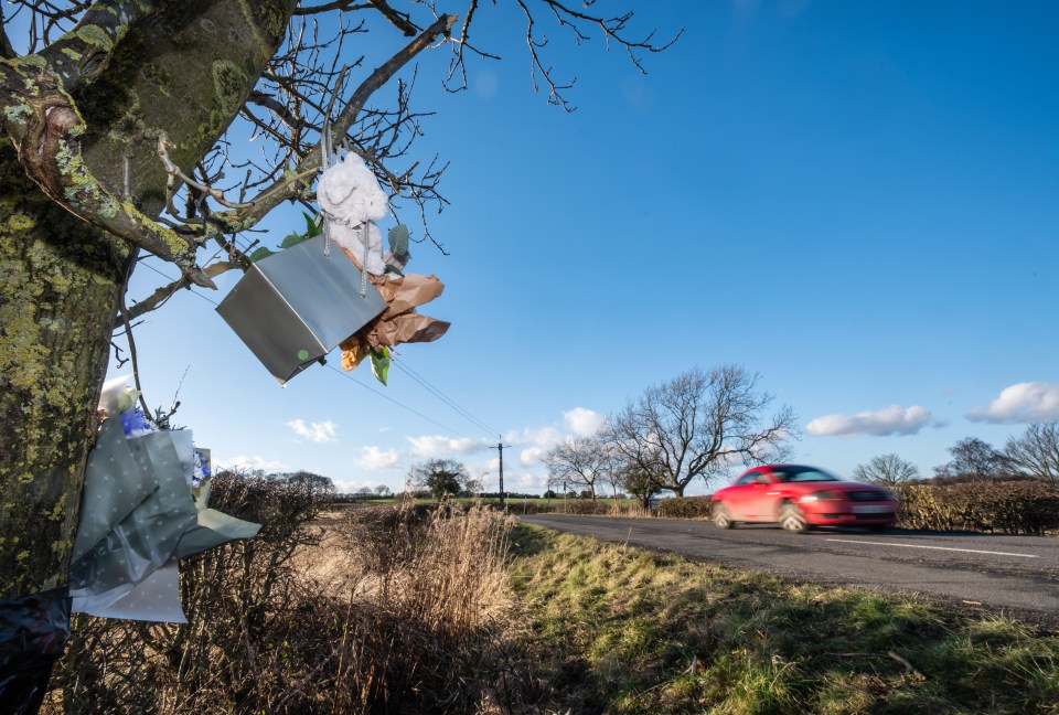 Tributes left at a tree after a fatal car accident.