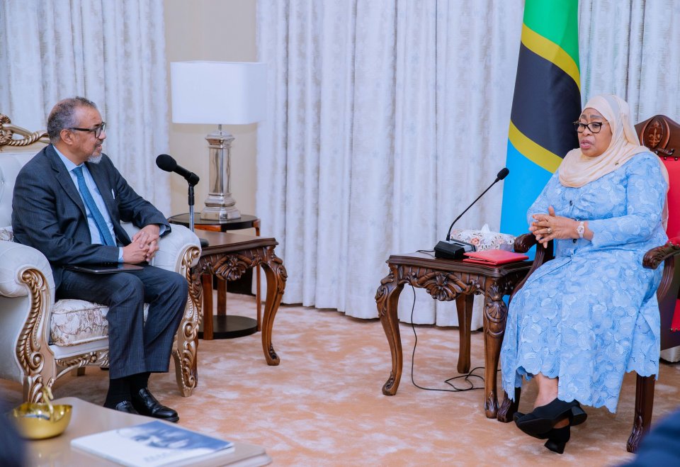 WHO Director-General Tedros Adhanom Ghebreyesus and Tanzanian President Samia Suluhu Hassan at a joint press conference.