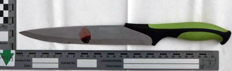 Bloody knife used in a murder trial.