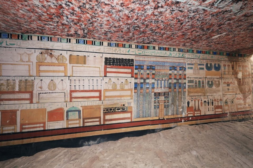 Colorful reliefs on the wall of a 4,000-year-old mastaba in Saqqara, Egypt.