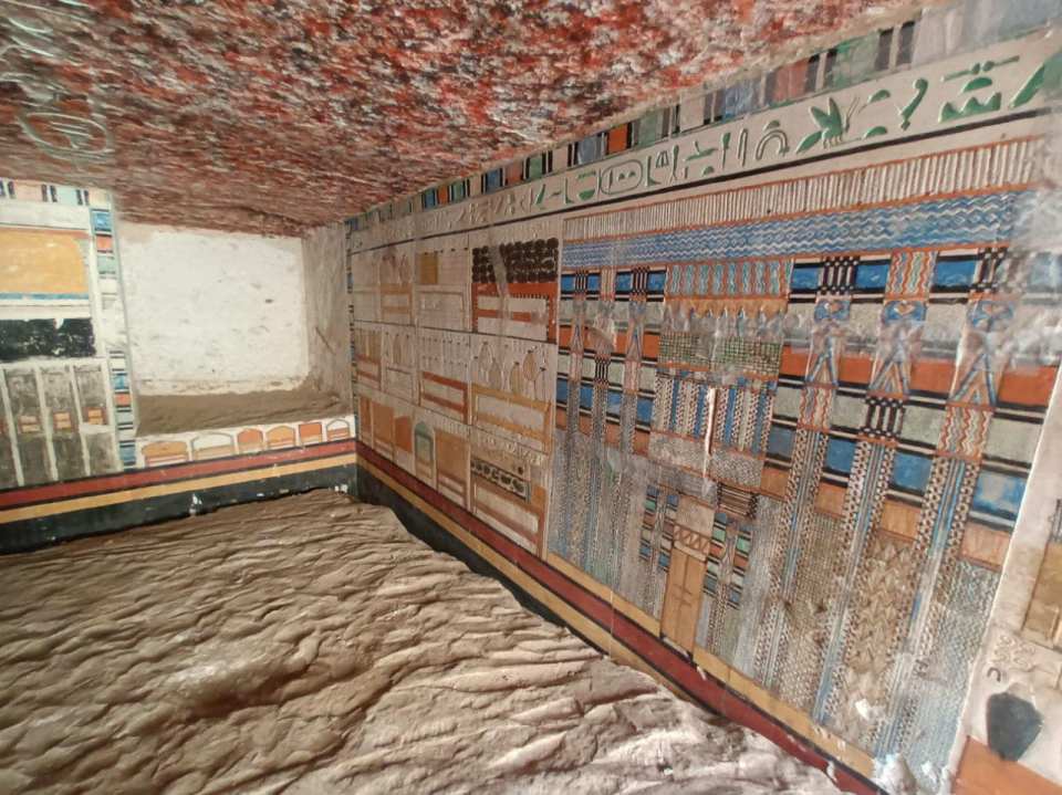 Colorful reliefs inside a 4,000-year-old mastaba at the Saqqara archaeological site.