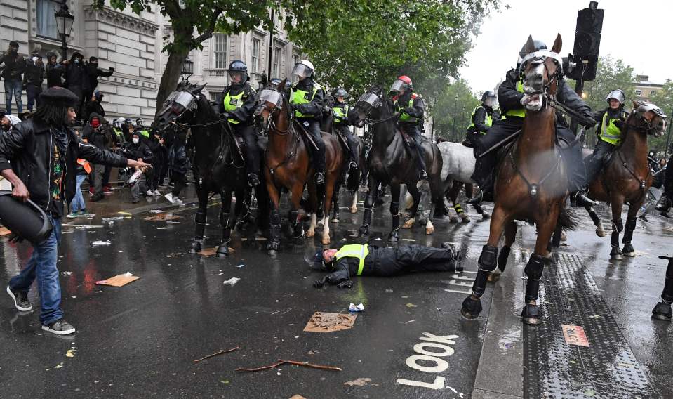 A police officer who was badly hurt in a fall during a protest is suing the Met