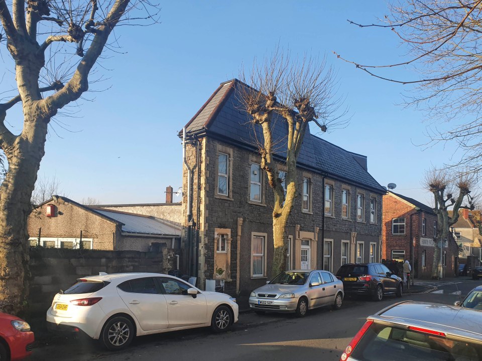 A house that appears flat from a certain angle, situated on a street with parked cars and trees.