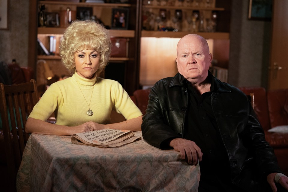 Jamie Winstone as Peggy Mitchell and Steve McFadden as Phil Mitchell in a scene from *EastEnders*.