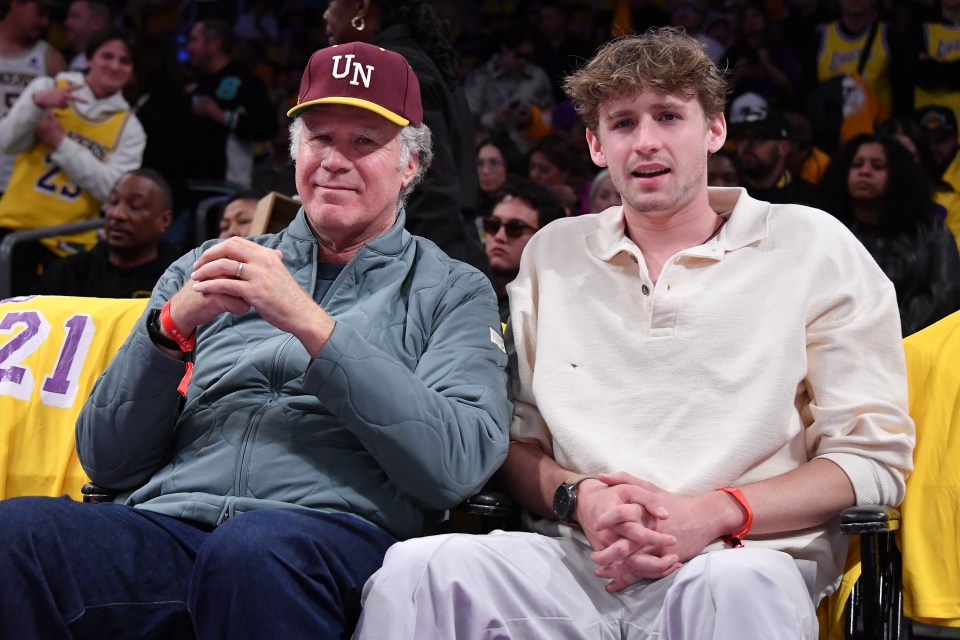 Will Ferrell and his son Magnus Ferrell at a Lakers basketball game.