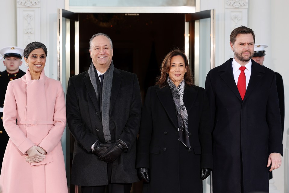 Usha Vance, Doug Emhoff, Kamala Harris, and J.D. Vance at the White House.