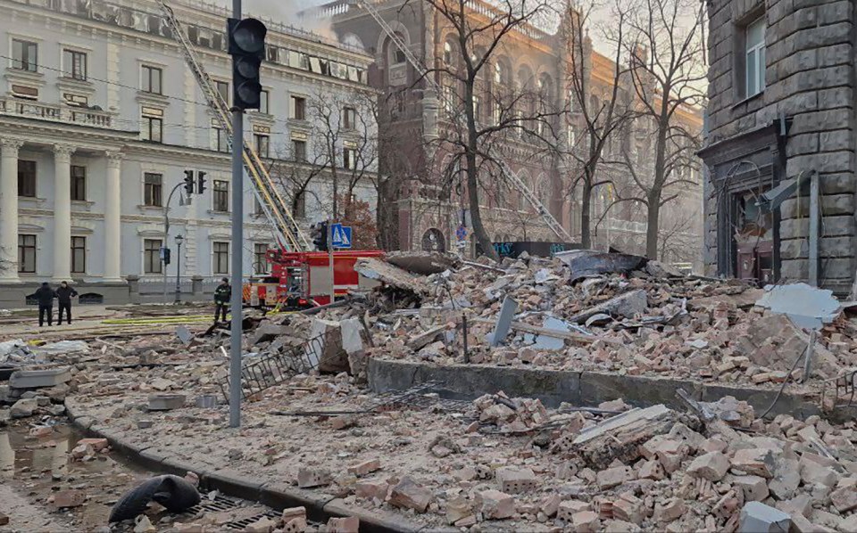 Debris strewn across a street just metres from Ukraine’s Presidential Office following a drone strike on New Year's Day