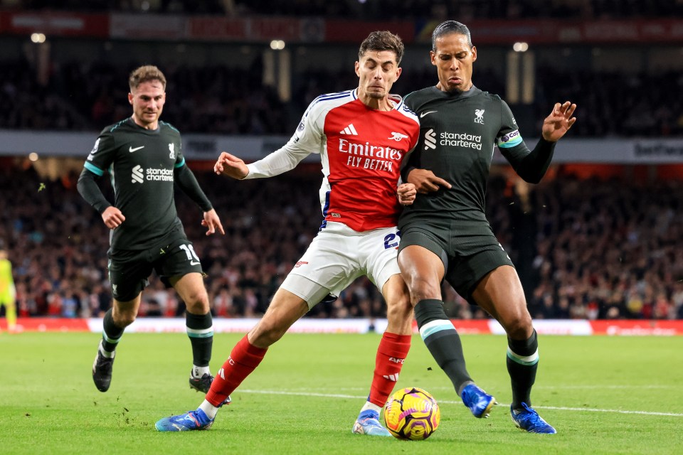 Virgil van Dijk of Liverpool and Kai Havertz of Arsenal competing for the ball during a soccer match.