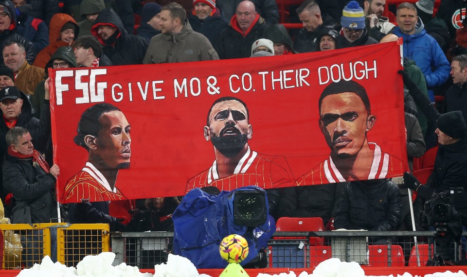 Illustration of a banner depicting Liverpool players with a message requesting higher wages.