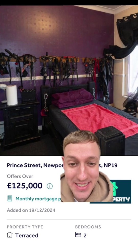 Photo of a bedroom with BDSM equipment on the wall and a man's face superimposed on the bottom; the listing shows it's a terraced house in Newport for £125,000.