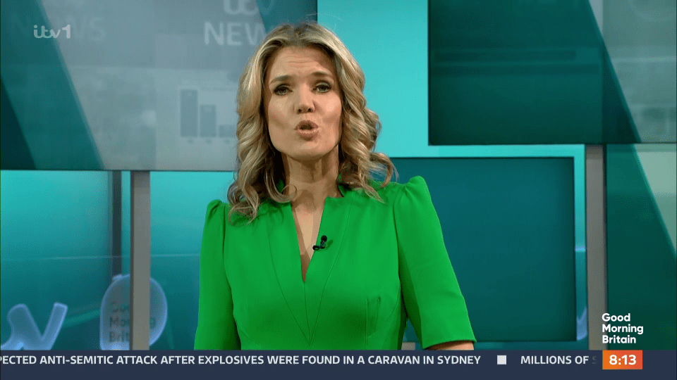 News anchor in green dress delivering news report.