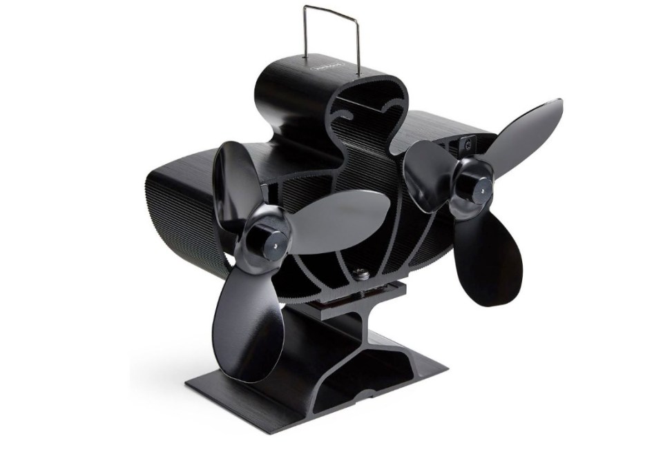 Black stove fan with two sets of blades.