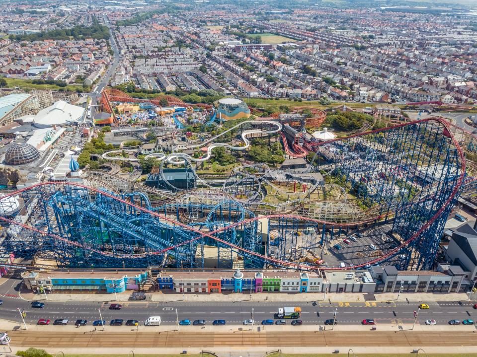 Aerial view of Blackpool Pleasure Beach, featuring the Pepsi Max Big One roller coaster.