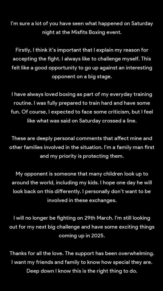 Screenshot of a social media post explaining a boxer's decision to withdraw from a fight.