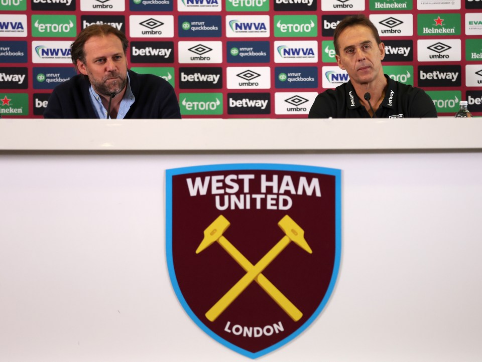 West Ham technical director Tim Steidten (left) has stepped away from the training ground amid a rift with boss Julen Lopetegui