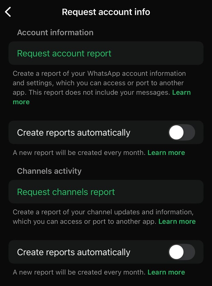 WhatsApp account and channel report settings.