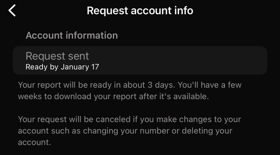 WhatsApp account information request confirmation.