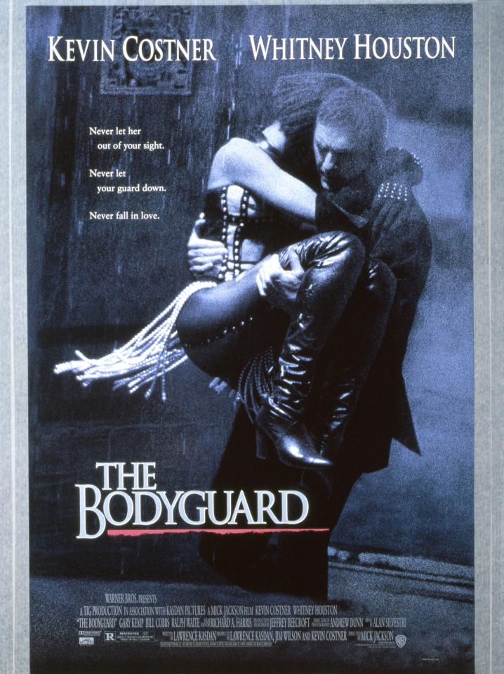 Movie poster for The Bodyguard, featuring Kevin Costner and Whitney Houston.