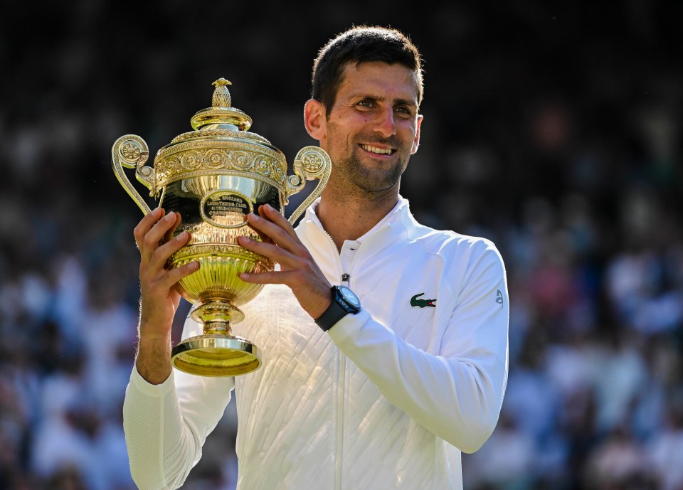 Novak Djokovic holding the Wimbledon Gentlemen’s Singles Championship trophy.