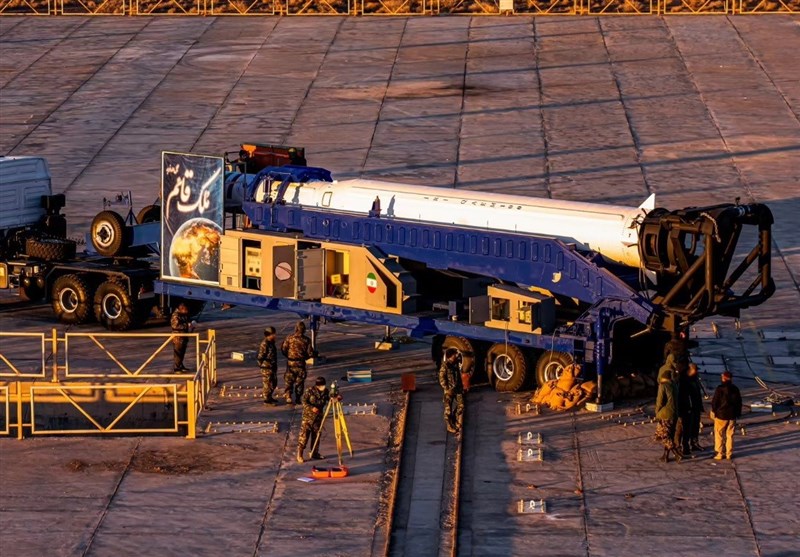 Qaem 100 Iranian space launch vehicle on a transporter-erector-launcher.