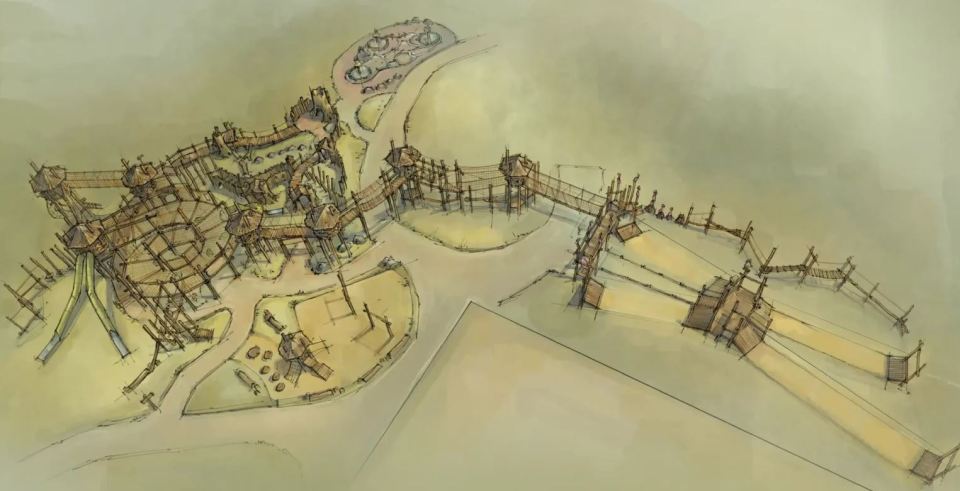 Illustration of a playground design with wooden structures, bridges, and slides.