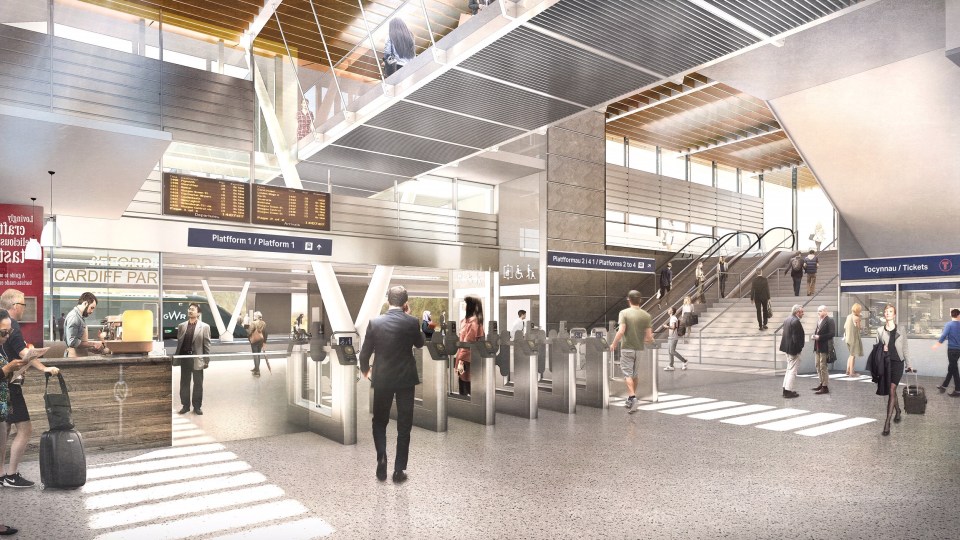 Illustration of Cardiff Parkway train station interior.