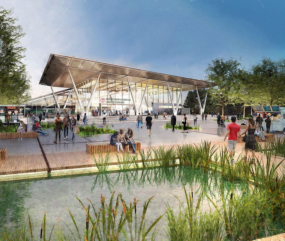 Illustration of Cardiff Parkway train station with surrounding plaza and landscaping.