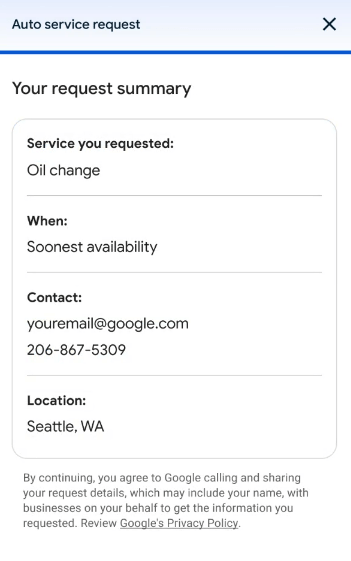 Screenshot of an auto service request summary showing an oil change request in Seattle, WA.