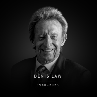 Black and white portrait of Denis Law, 1940-2025.