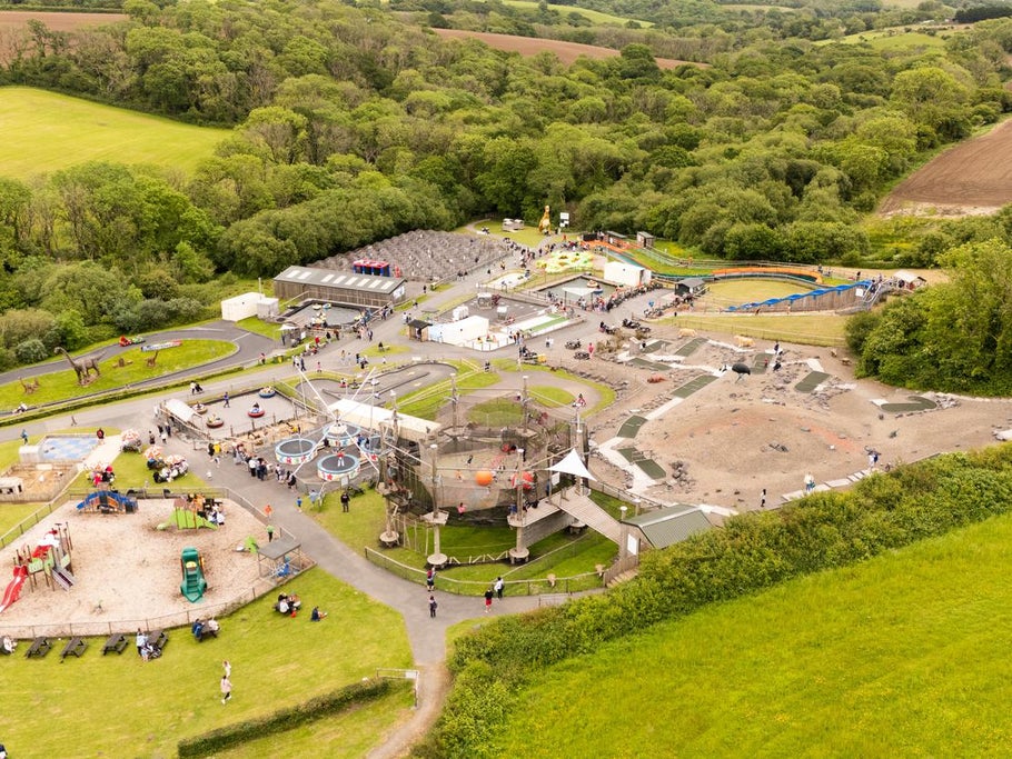 Aerial view of a dinosaur-themed park.