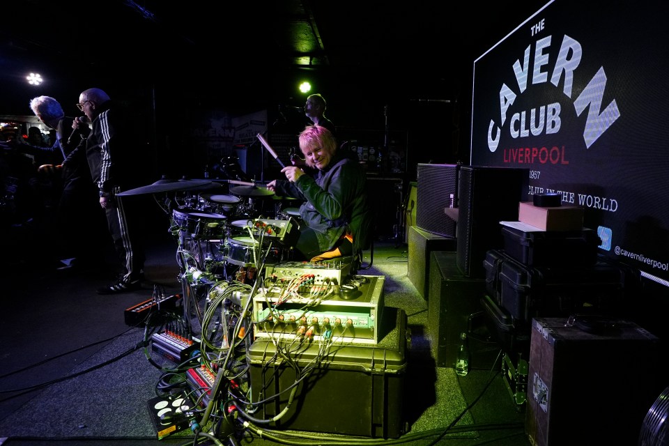 Zak Starkey performing on drums at The Cavern Club in Liverpool.