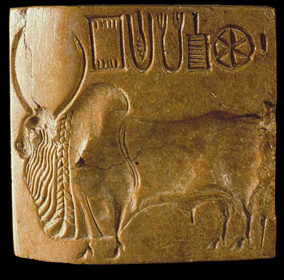 Zebu bull seal with Indus script from Mohenjo-daro.