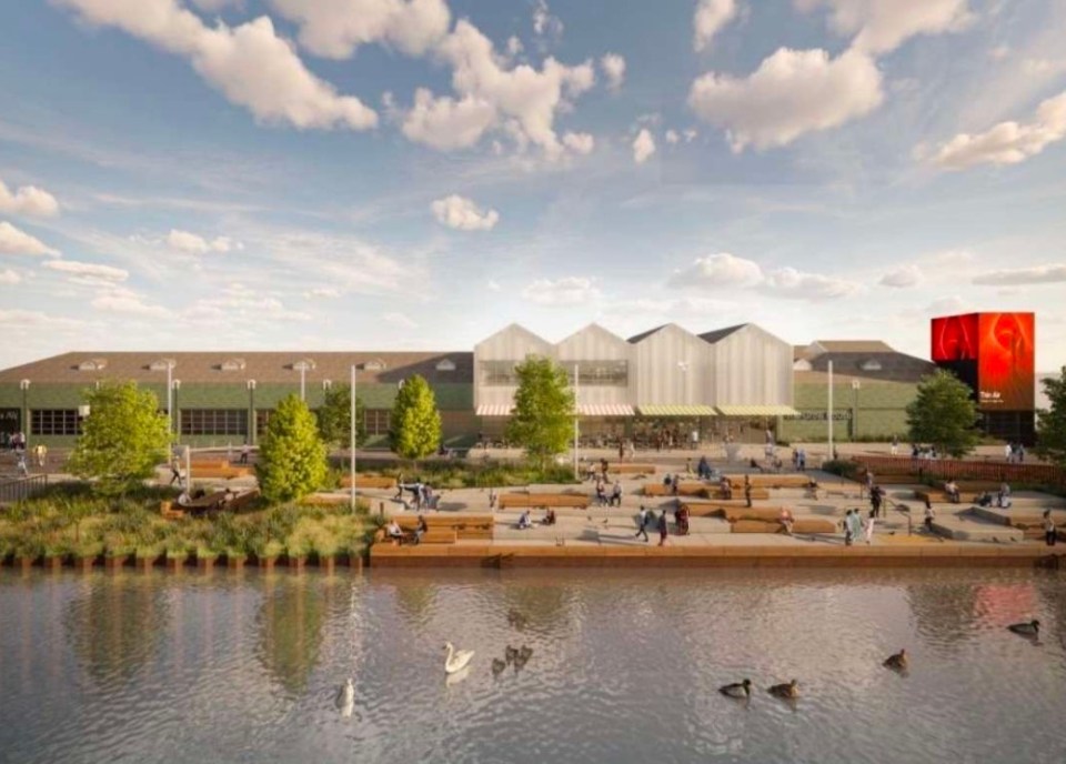 Illustration of a 2,000-capacity music venue and food hall by the water.