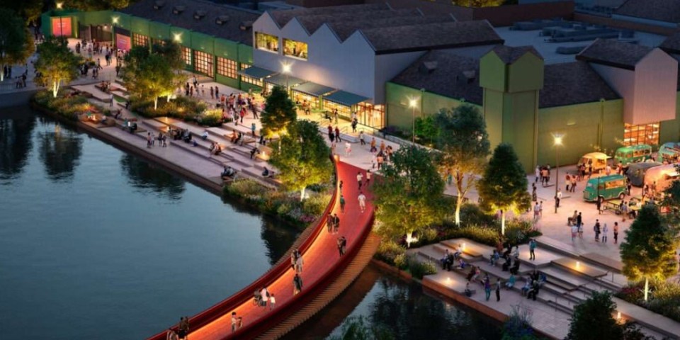 Illustration of a 2,000-capacity music venue and food hall with a red bridge.